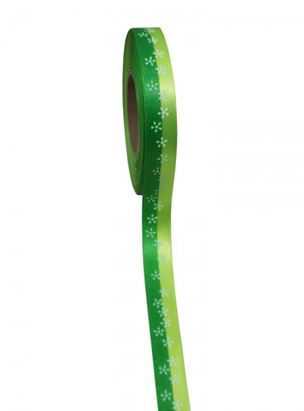 Satinband zweifarbig grün mit Blumendruck 15mm breit, 20m